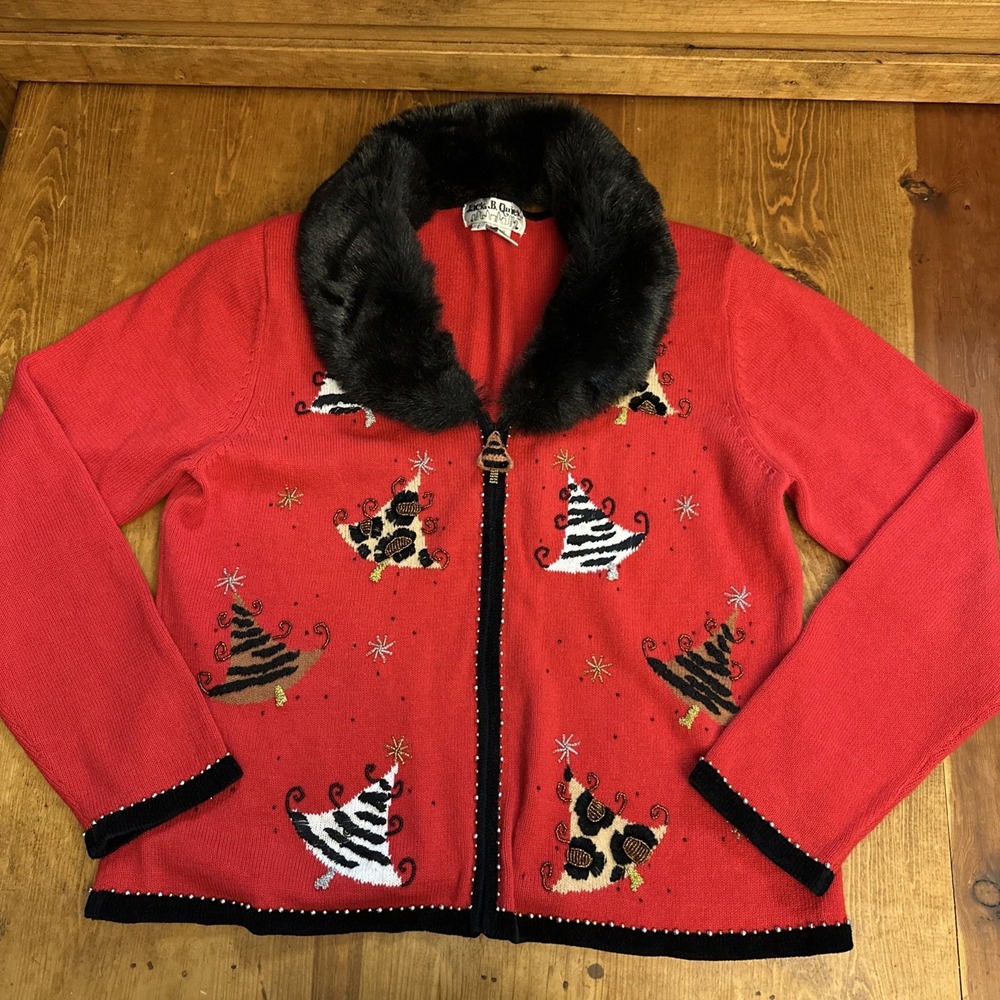 Jack B Quick Womens Christmas Sweater Trees Large Faux Fur Winter Vintage